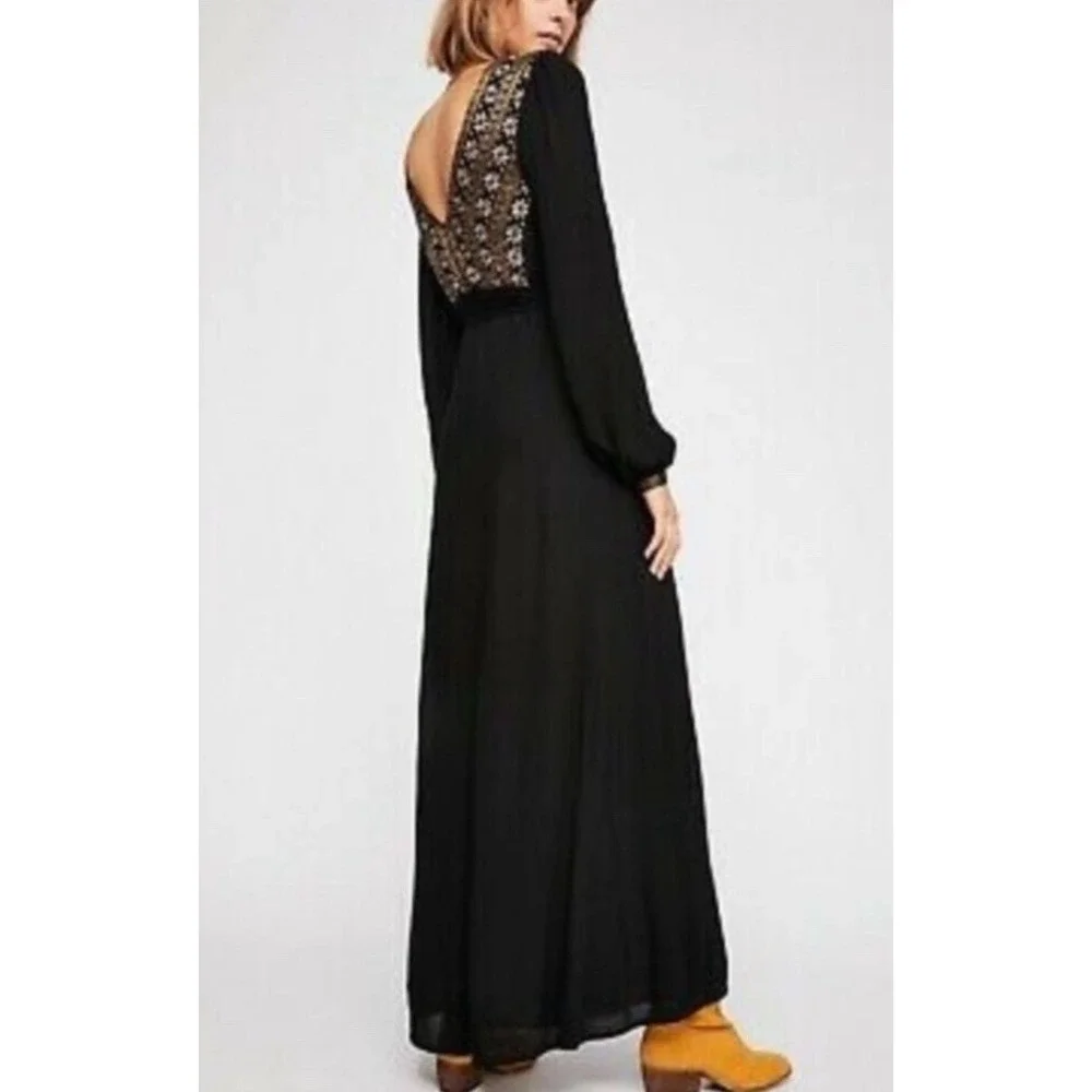 FREE PEOPLE Women's Size XS HEARTS‎ DESIRE EMBROIDERED Maxi BLACK DRESS NEW